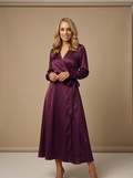 Plum Satin Wrap Midi Dress — Velvux