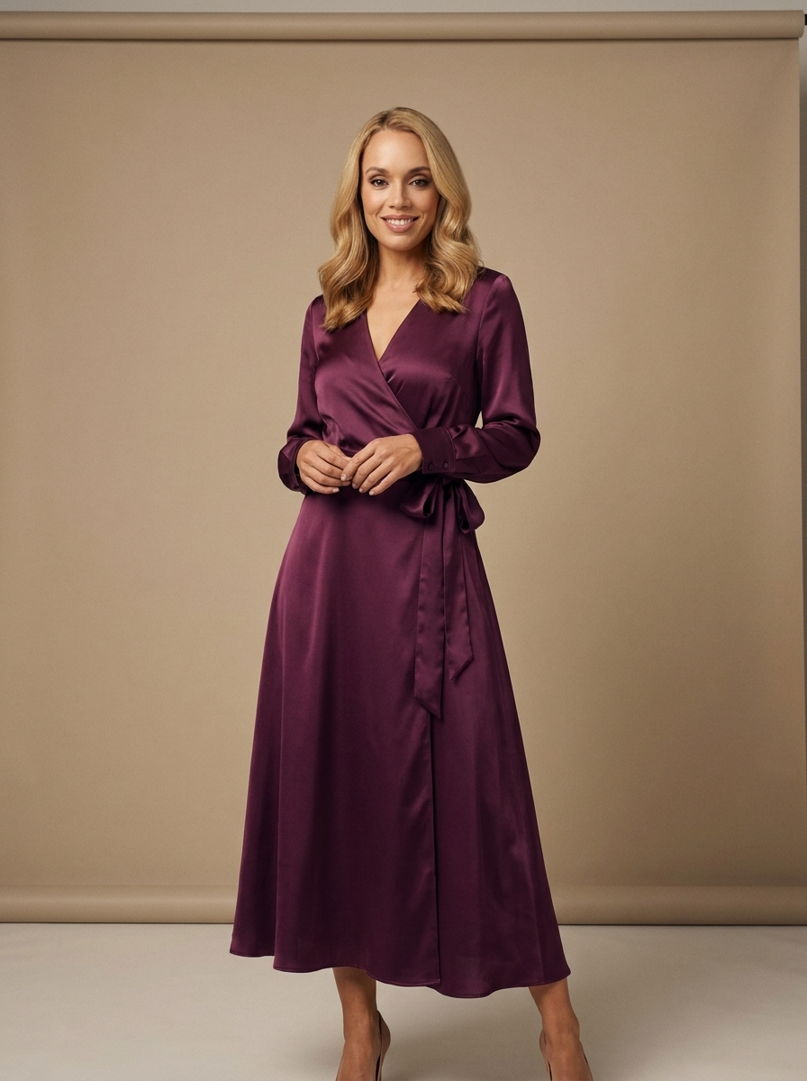 Plum Satin Wrap Midi Dress — Velvux