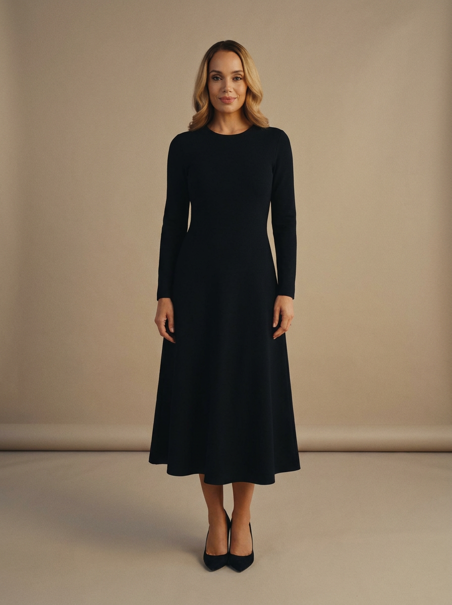 Women's Black Long-Sleeve A-Line Midi Dress
