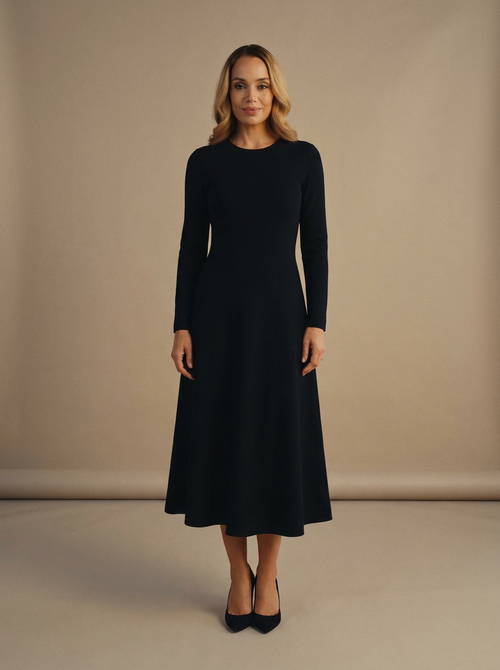 Black Long-Sleeve A-Line Midi Dress — Velvux