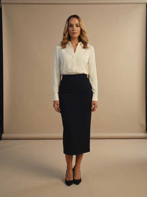 Black Fitted Pencil Midi Skirt — Velvux